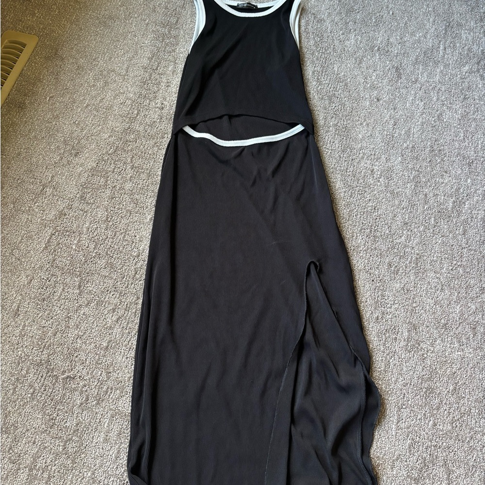 Black Sleeveless Midi Dress with White Trim with mid cut off